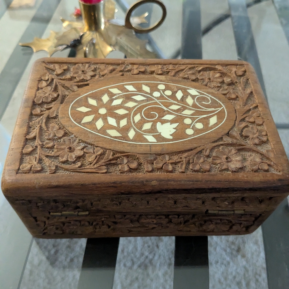 Vintage Brown and Cream Carved Wooden Box